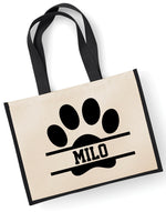 Load image into Gallery viewer, Personalised Dog Paw Name Jute Storage Toy Treats Travel Tote Bag
