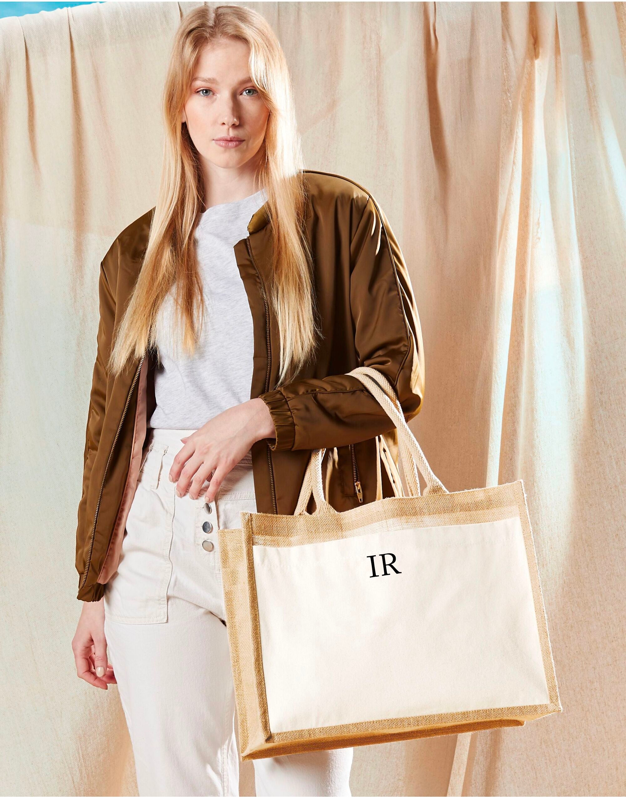 Personalised Initial Small Monogram Cotton Pocket LARGE Jute Tote Bag