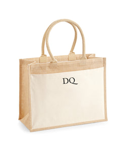 Personalised Initial Small Monogram Cotton Pocket LARGE Jute Tote Bag