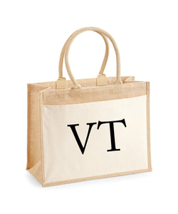 Personalised Initial Monogram Cotton Pocket LARGE Jute Tote Bag
