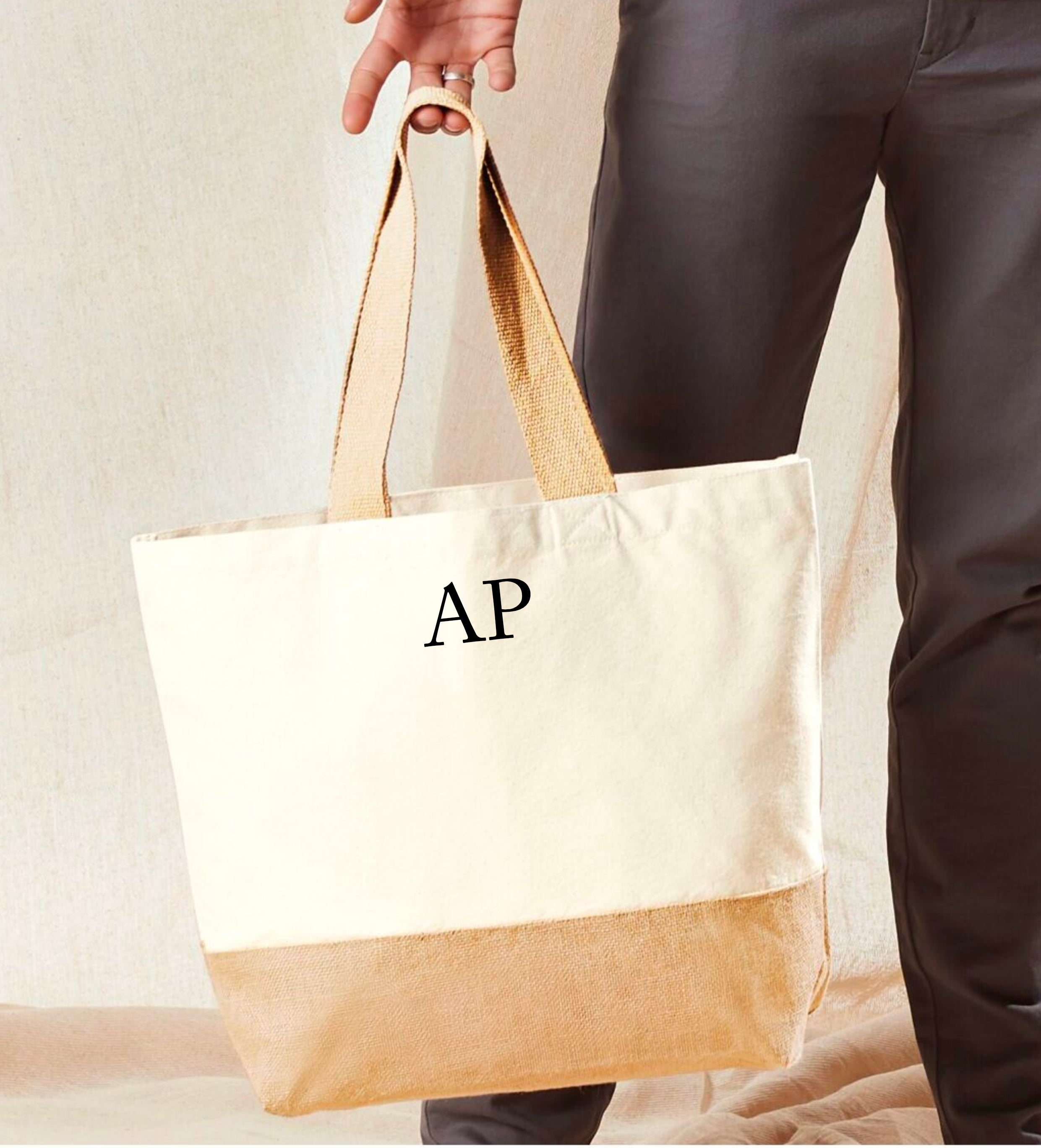 Personalised Initial Small Monogram Cotton LARGE Jute Base Canvas Bag