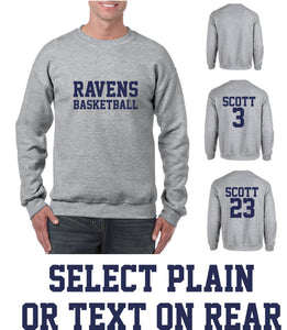 Ravens Basketball Crew Neck Unisex Adult Grey Sweatshirt Front and Back Print