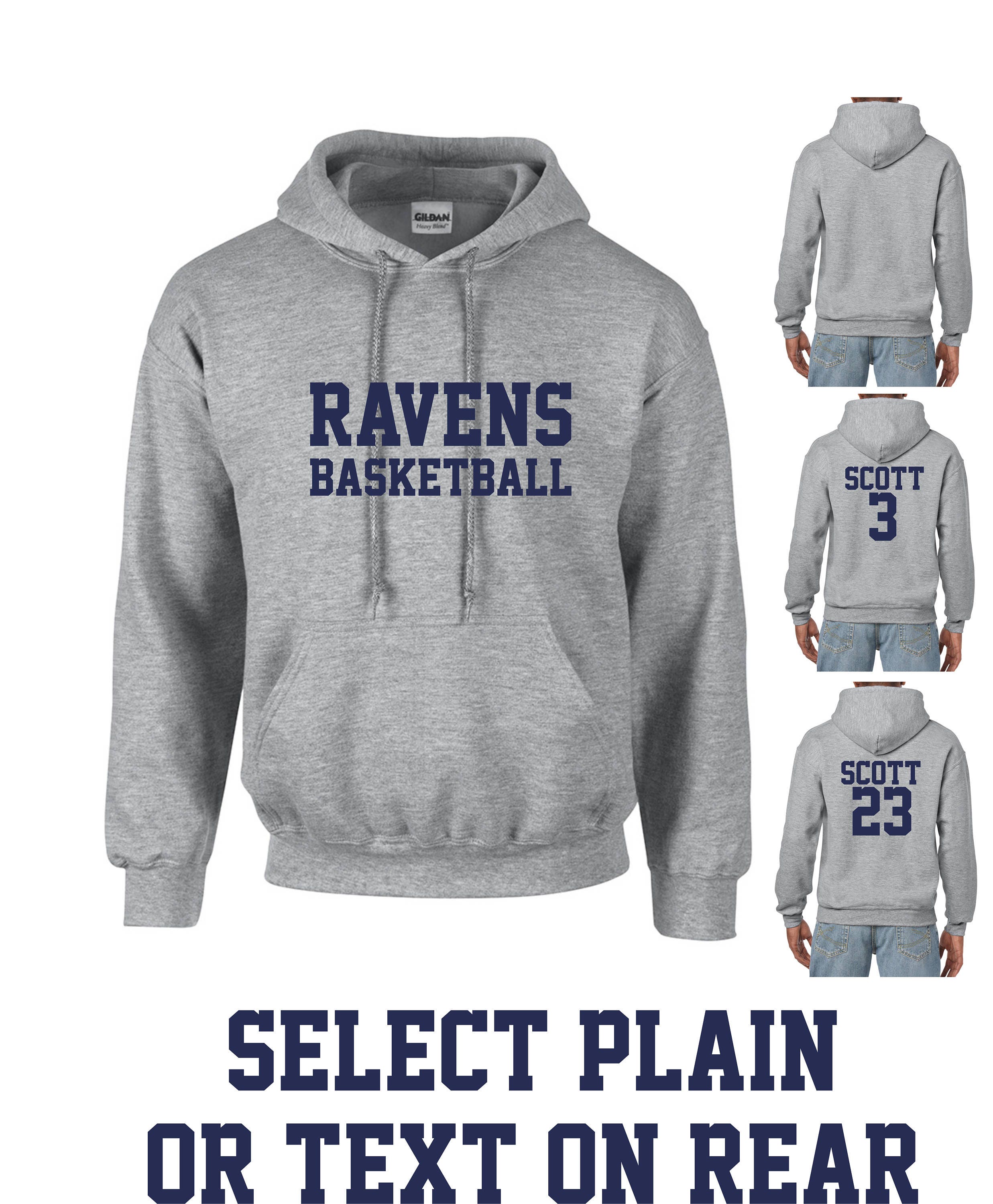 Ravens Basketball Hoodie Unisex Adult Grey Hooded Sweatshirt Front and Back Print
