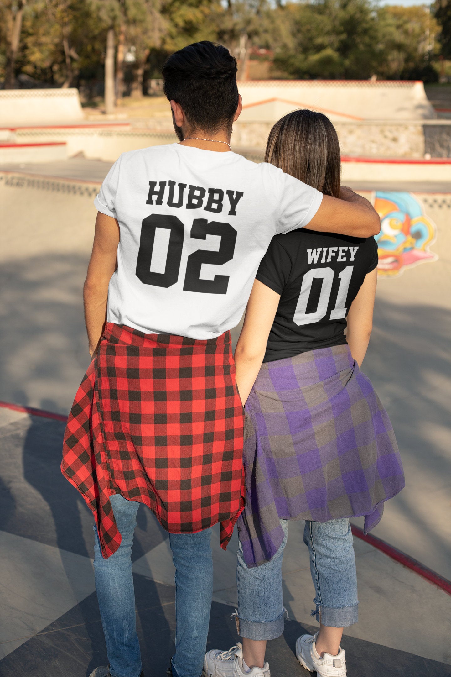 Hubby Wifey Couples T-Shirt Husband Wife Rear Print 01 02
