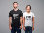 Load image into Gallery viewer, Hubby Wifey Est Custom Year Couples T-Shirt
