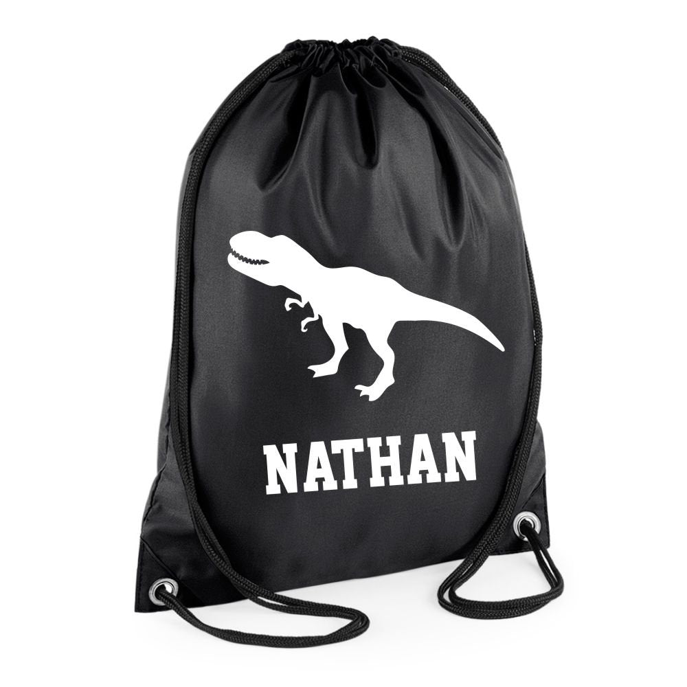 Personalised Name Drawstring Dinosaur Bag School Club PE Custom Name Childrens Bag Kids Backpack Trex Bag Name - Red Leader Clothing