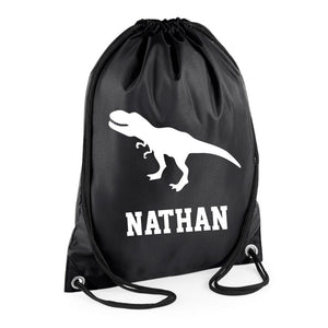 Personalised Name Drawstring Dinosaur Bag School Club PE Custom Name Childrens Bag Kids Backpack Trex Bag Name - Red Leader Clothing