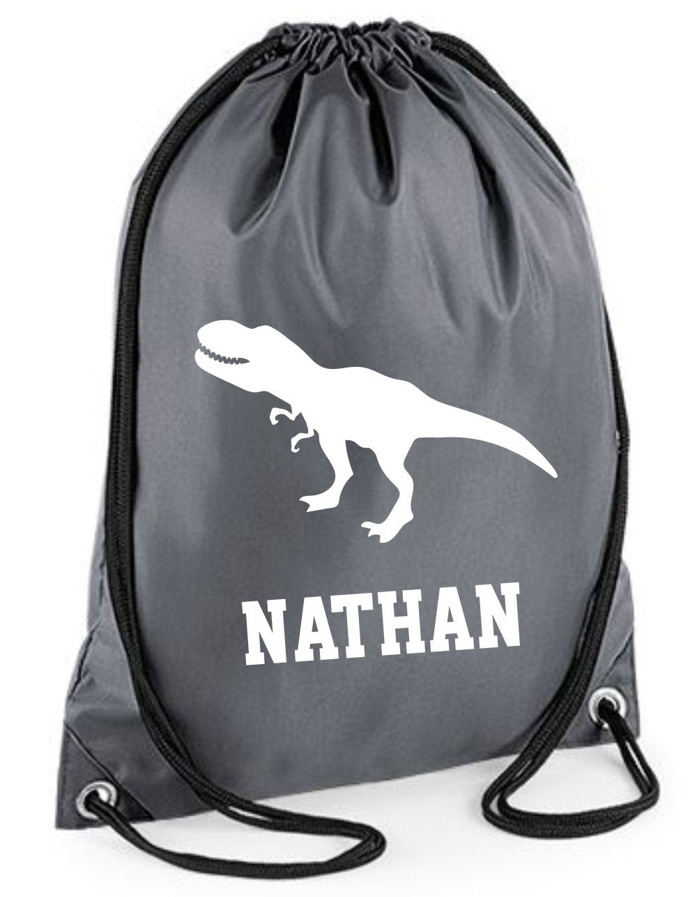 Personalised Name Drawstring Dinosaur Bag School Club PE Custom Name Childrens Bag Kids Backpack Trex Bag Name - Red Leader Clothing
