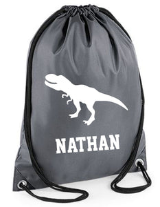 Personalised Name Drawstring Dinosaur Bag School Club PE Custom Name Childrens Bag Kids Backpack Trex Bag Name - Red Leader Clothing