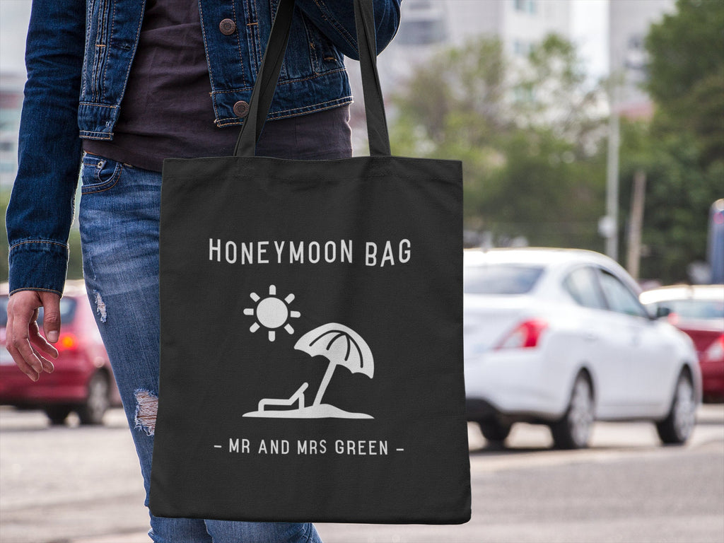 Personalised Honeymoon Mr Mrs Surname Tote Bag Cotton Bag Lightweight Shopping Newlywed Bride Groom Wedding Gift Wife Husband Wifey - Red Leader Clothing