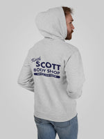 Load image into Gallery viewer, Keith Scott Body Shop Adult Grey Hooded Sweatshirt With Print on Rear
