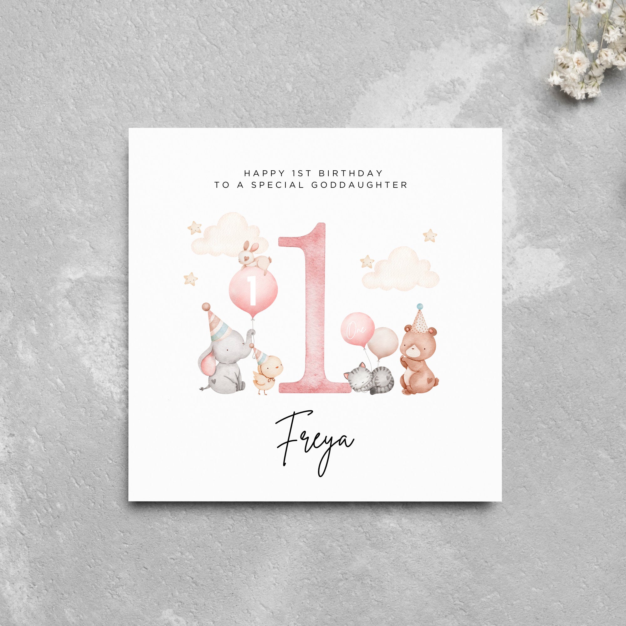 Personalised 1st Birthday Goddaughter Cute Animals Card