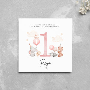 Personalised 1st Birthday Goddaughter Cute Animals Card