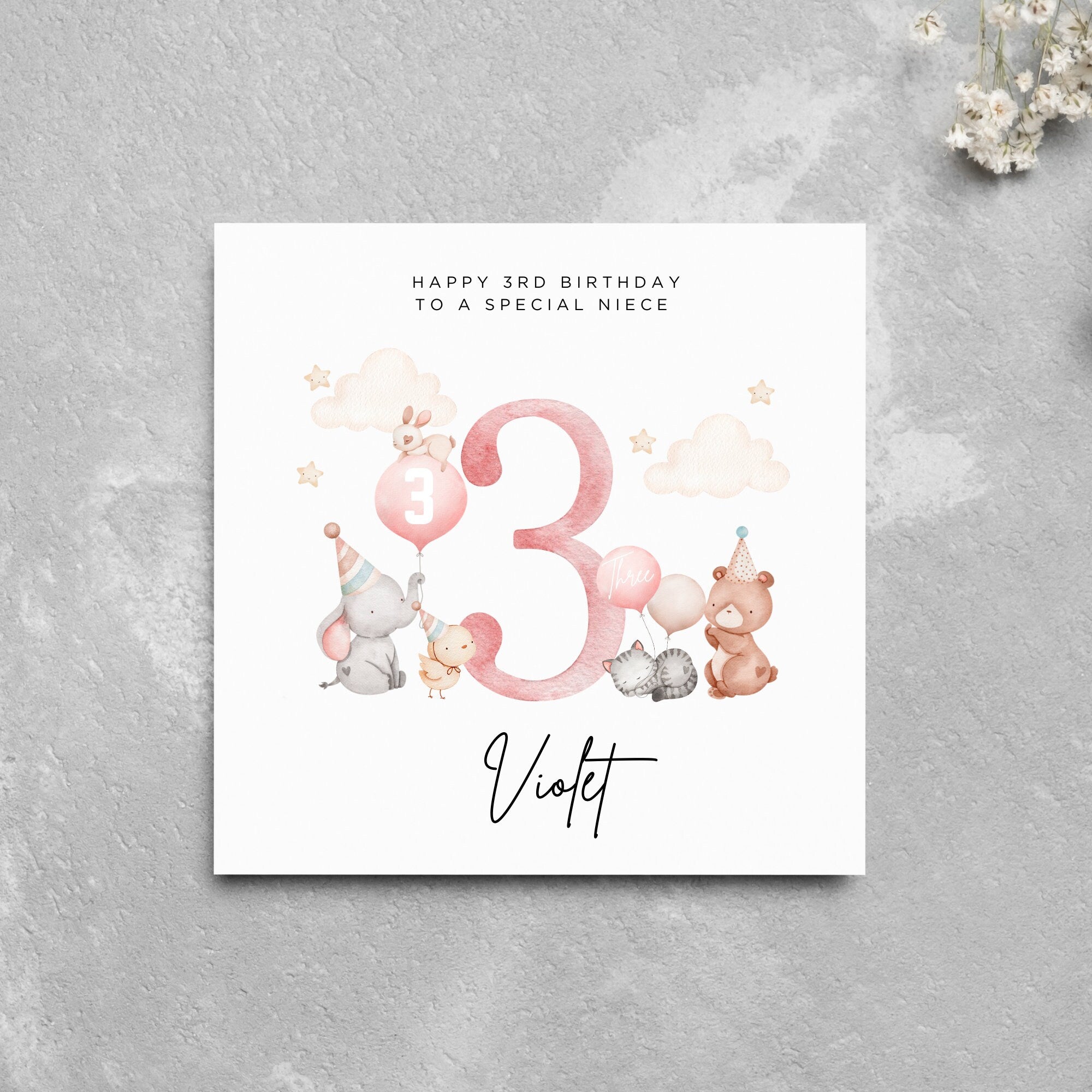 Personalised 3rd Birthday Card Niece Cute Animals