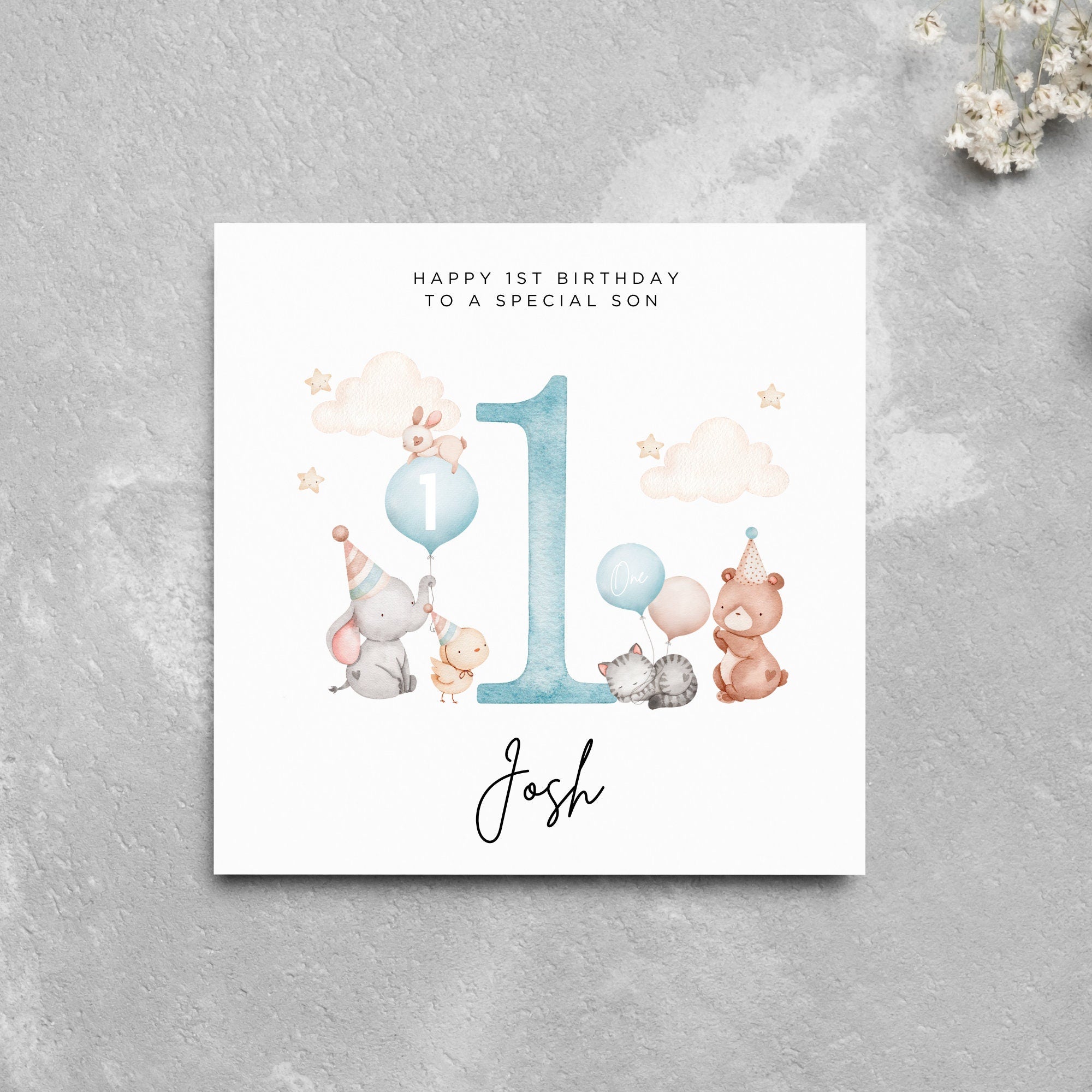 Personalised 1st Birthday Card SON Cute Animals