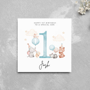 Personalised 1st Birthday Card SON Cute Animals