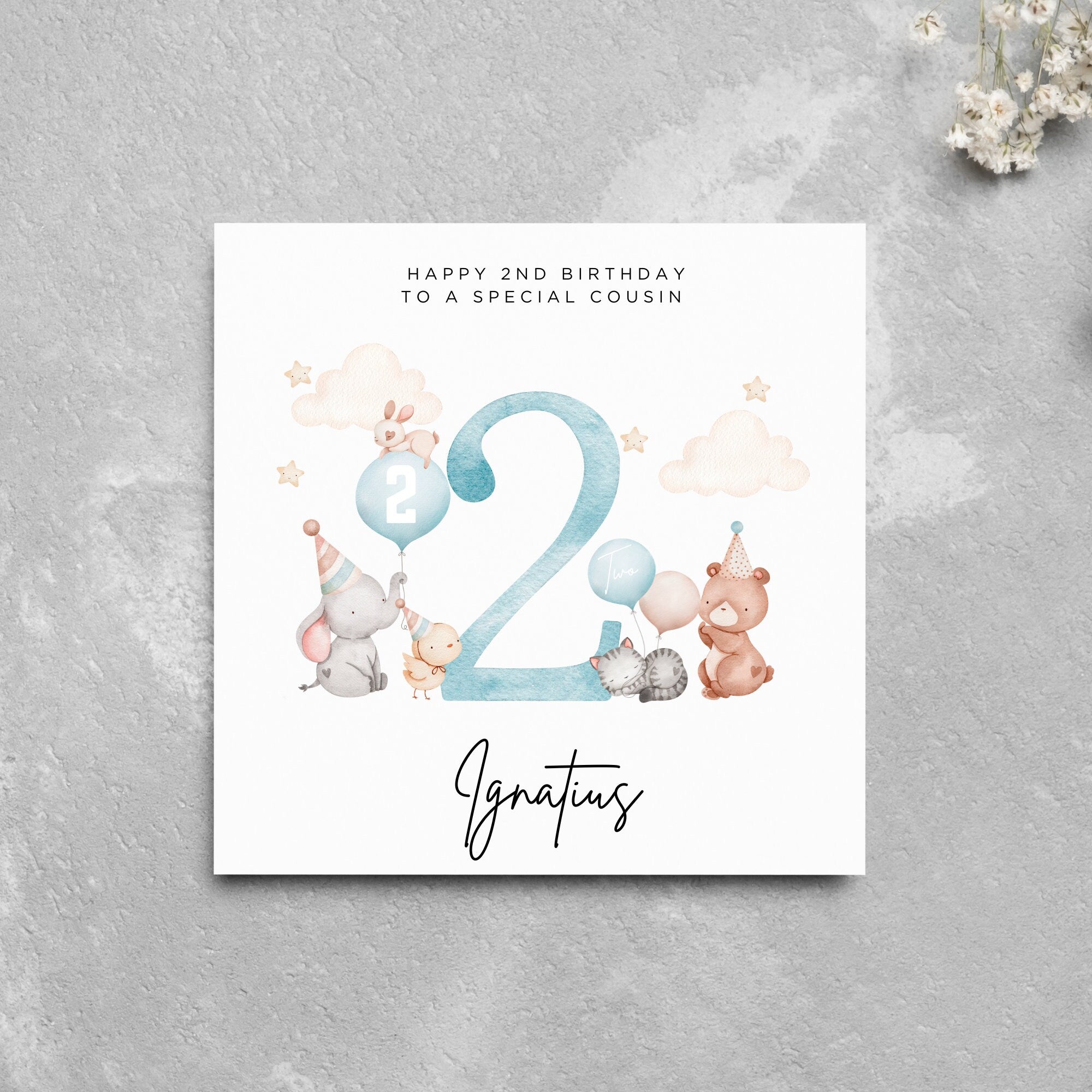 Personalised 2nd Birthday Card Boy Cousin Cute Animals