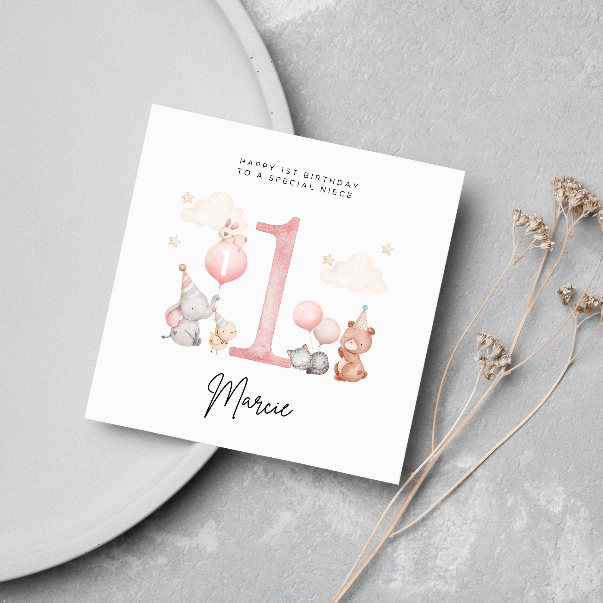 Personalised 1st Birthday Card NIECE Cute Animals