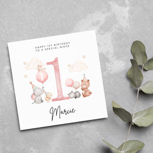Personalised 1st Birthday Card NIECE Cute Animals