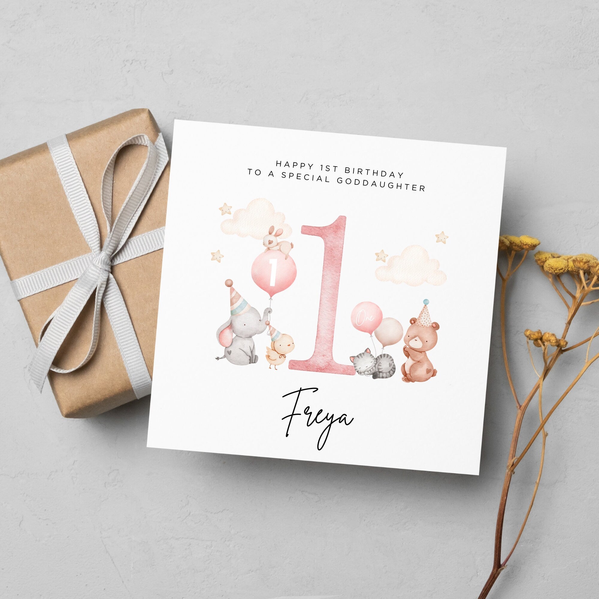 Personalised 1st Birthday Goddaughter Cute Animals Card