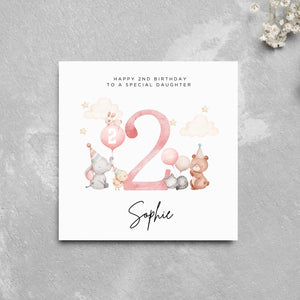 Personalised 2nd Birthday Card Daughter Cute Animals