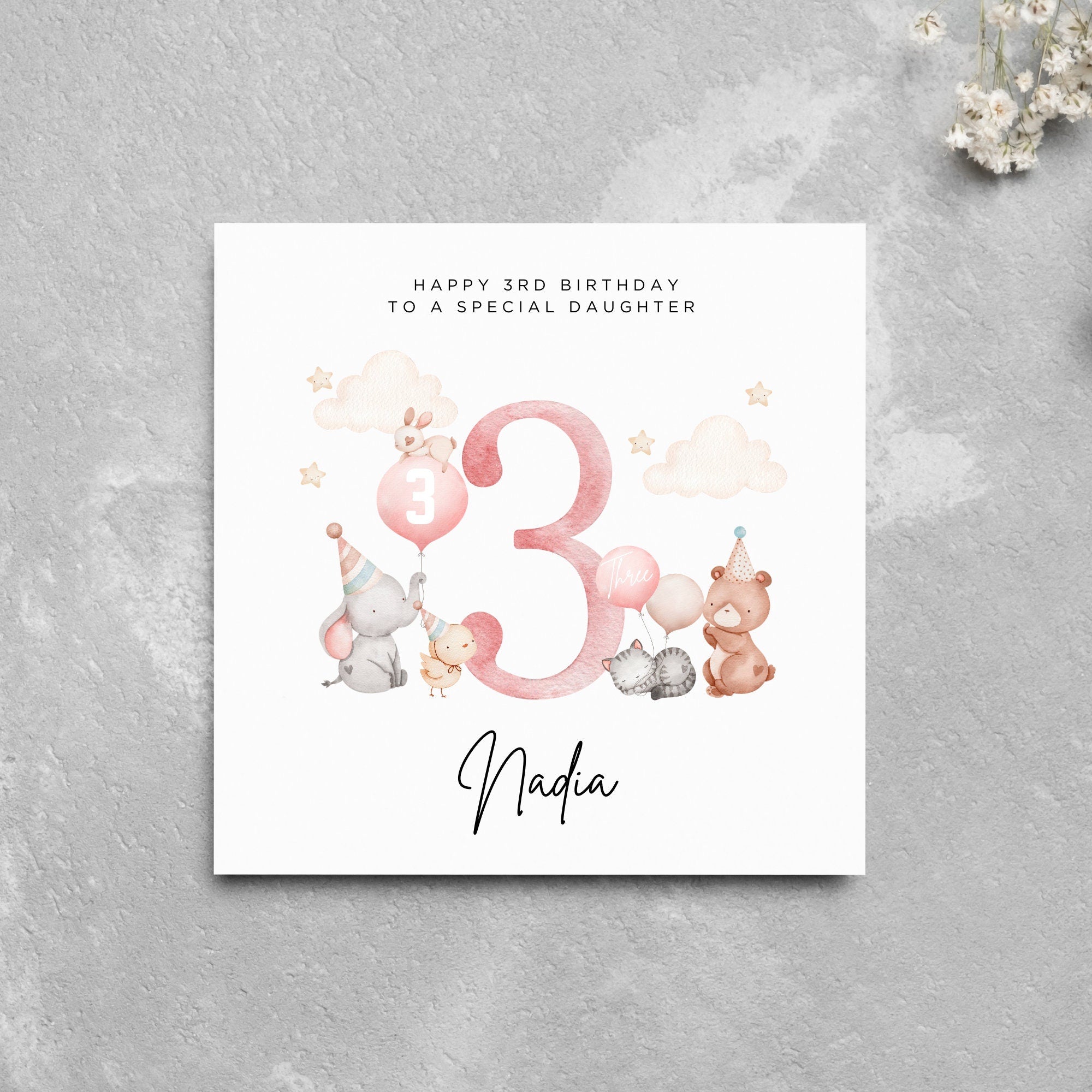 Personalised 3rd Birthday Card Daughter Cute Animals