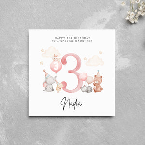 Personalised 3rd Birthday Card Daughter Cute Animals