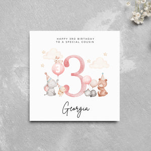 Personalised 3rd Birthday Card Girl Cousin Cute Animals