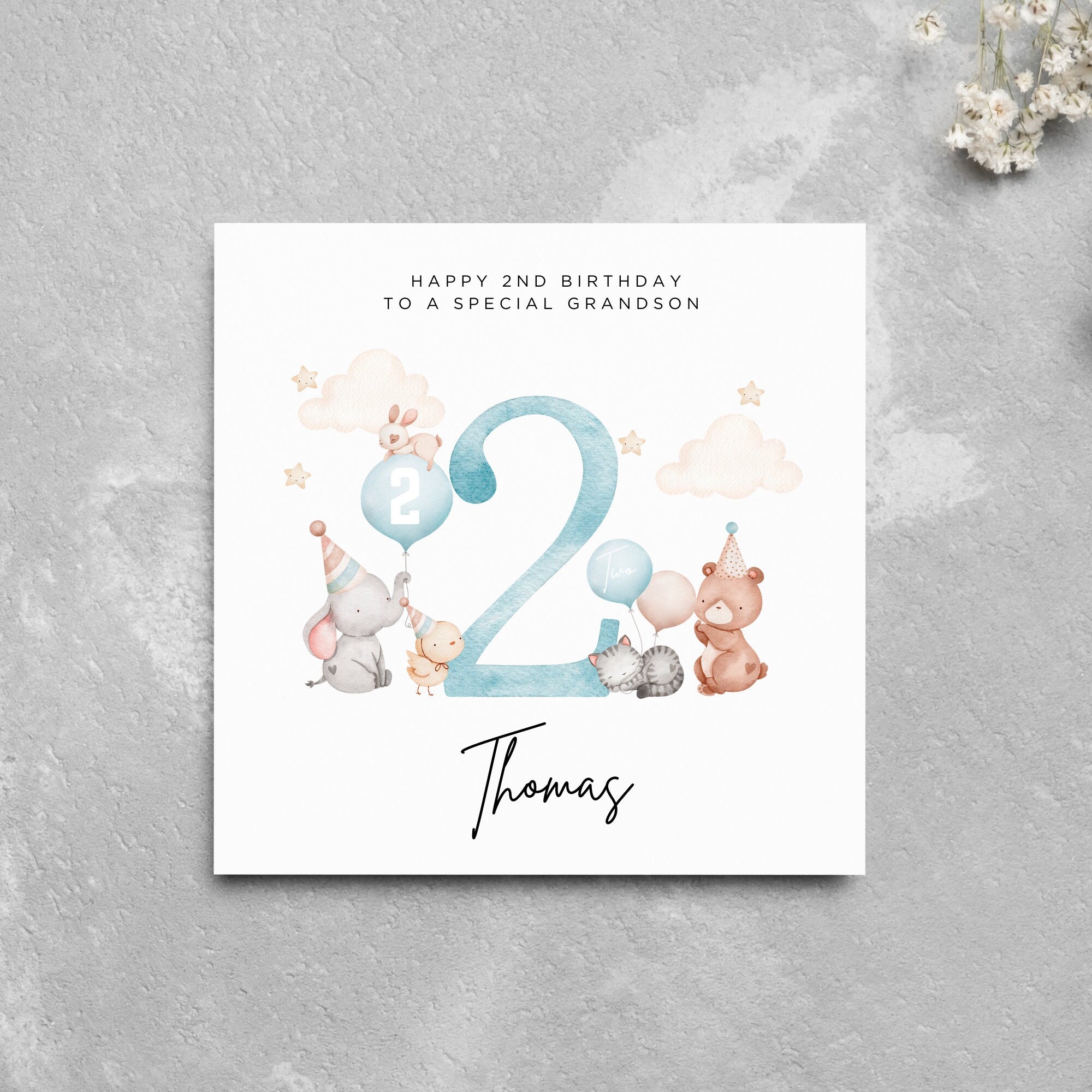 Personalised 2nd Birthday Card Grandson Cute Animals